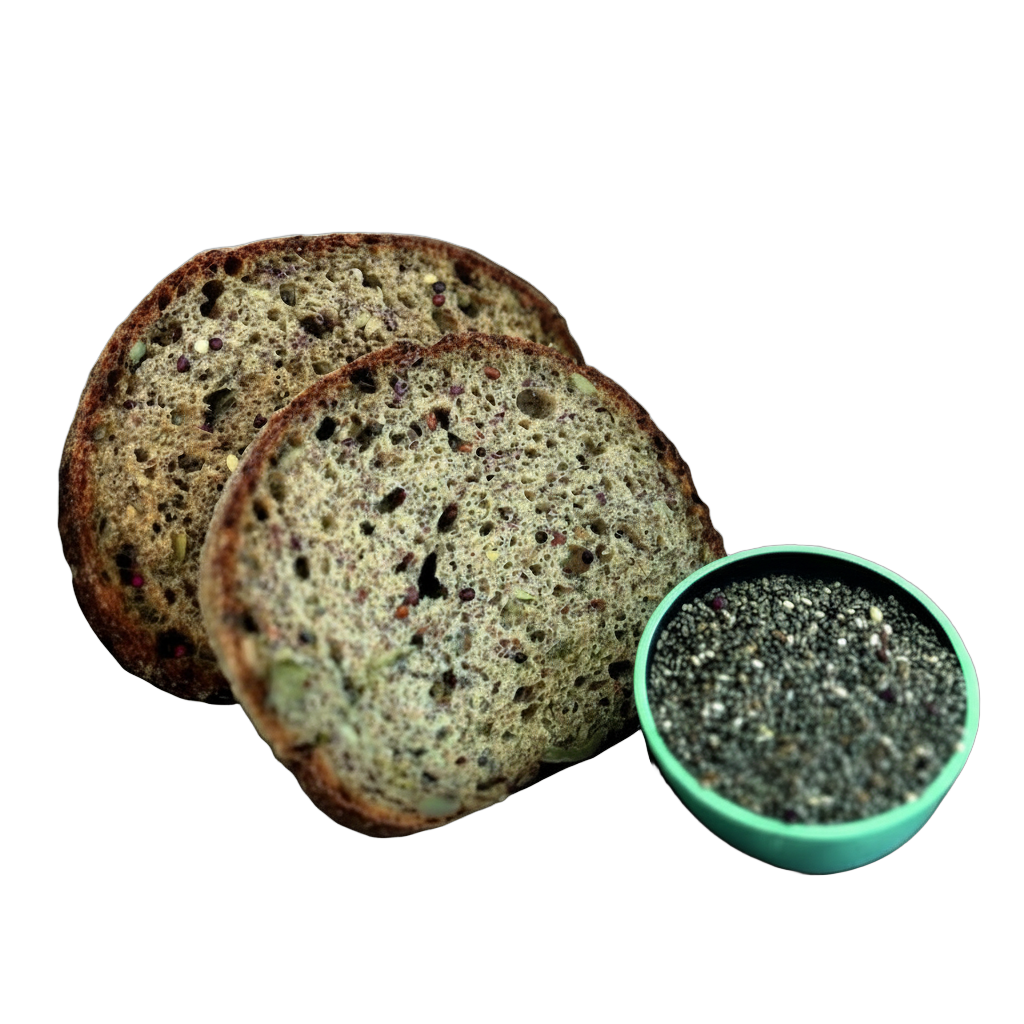 Pan de quinoa germinada y semillas — dos rebanadas con bol de semillas